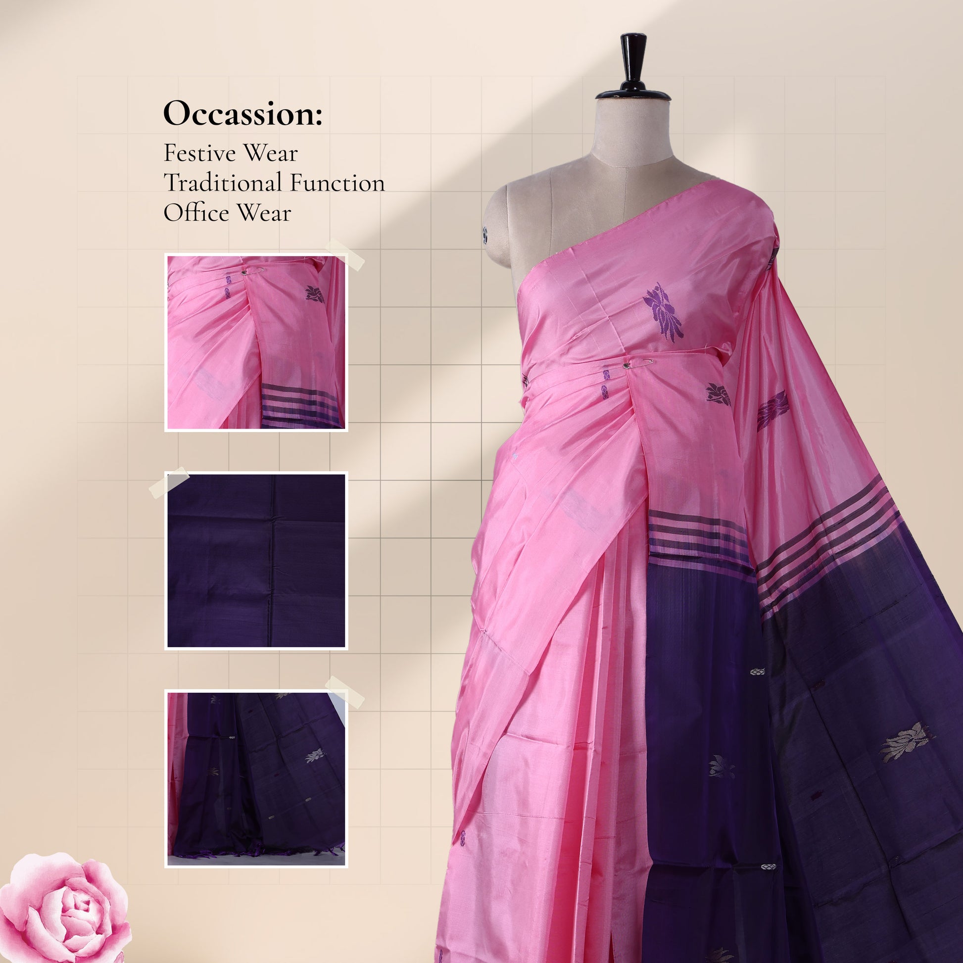 Banana Pith Saree in Bright Pink with Blue Pallu and Intricate Gold Zari Border