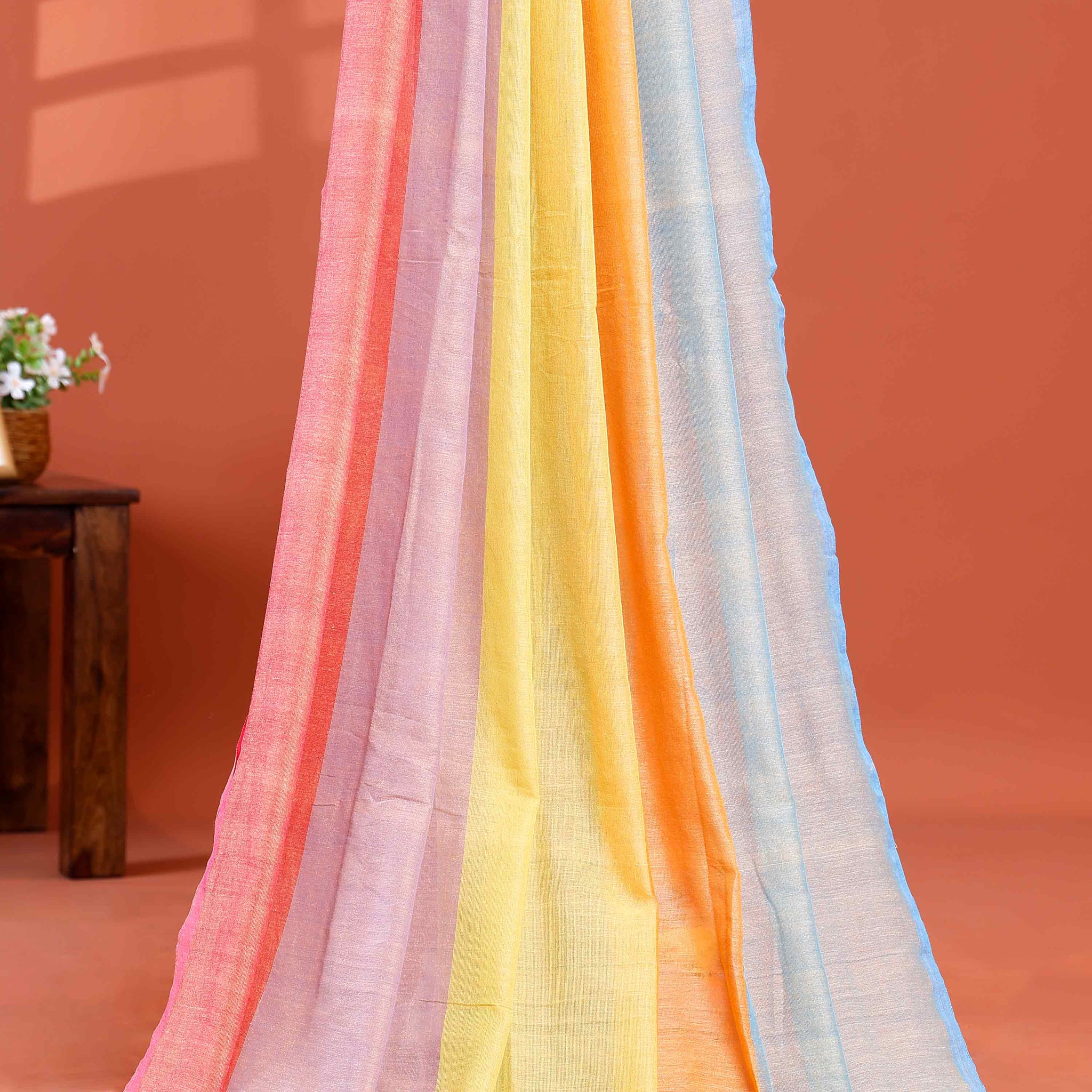 Handwoven Mul Mul Cotton Saree with Bold Striped Pattern and Tassel Detailing - Multi