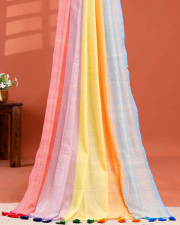 Handwoven Mul Mul Cotton Saree with Bold Striped Pattern and Tassel Detailing - Multi