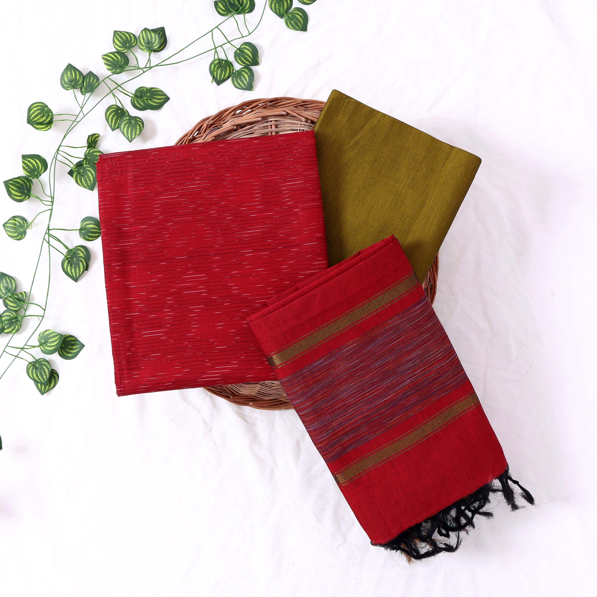 Cotton Salwar Material In Red With Striped Pattern Olive Green Contrast Dupatta Flat Lay View