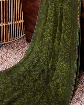 Elegant Lightweight Georgette Saree with Abstract Motif and Embellished Border - Green