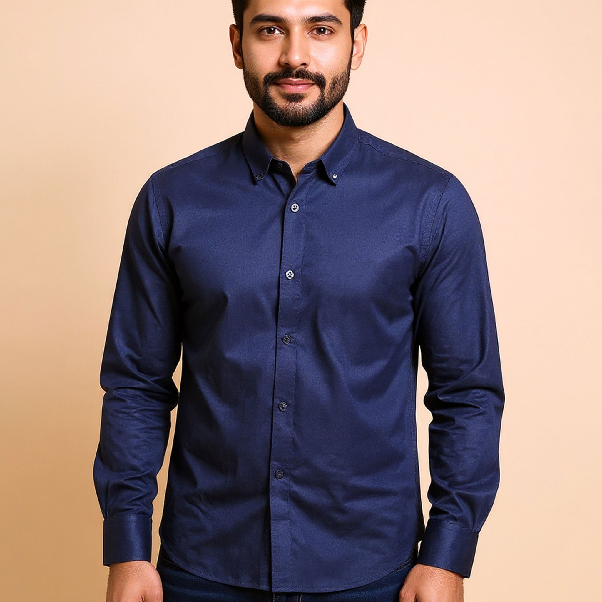 Men's Nativebull Solid Slim Fit Casual Shirt with Spread Collar and Full Sleeves -  Navy Blue