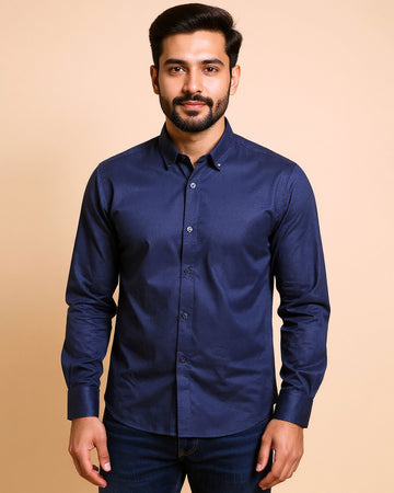 Men's Nativebull Solid Slim Fit Casual Shirt with Spread Collar and Full Sleeves -  Navy Blue