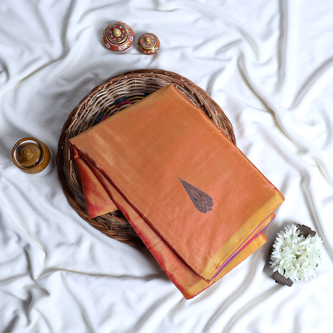 Orange Banana Pith Semi Silk Saree for Women | Wedding & Festive occasion | Jeyachandran - Full View