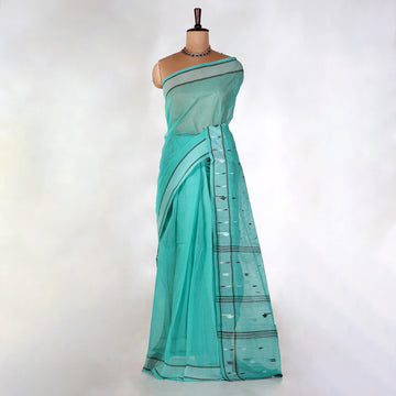 Aqua Blue Bengal Cotton Saree For Women | Daily Office Wear Summer Collection | Jeyachandran - Full View
