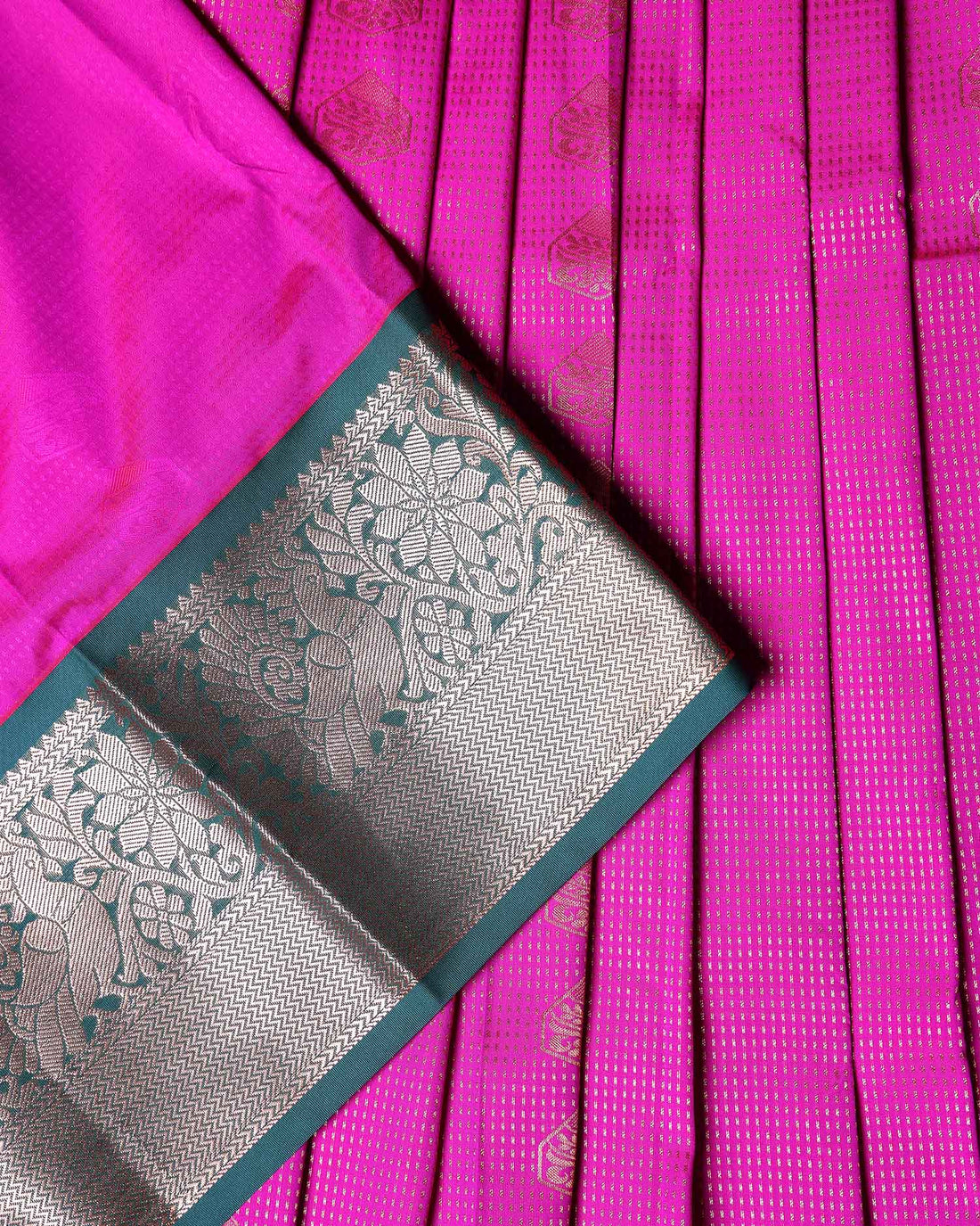 Traditional Kids Pattu Pavadai Material with All Over Zari Buttas and Rich Woven Border - Rani Pink