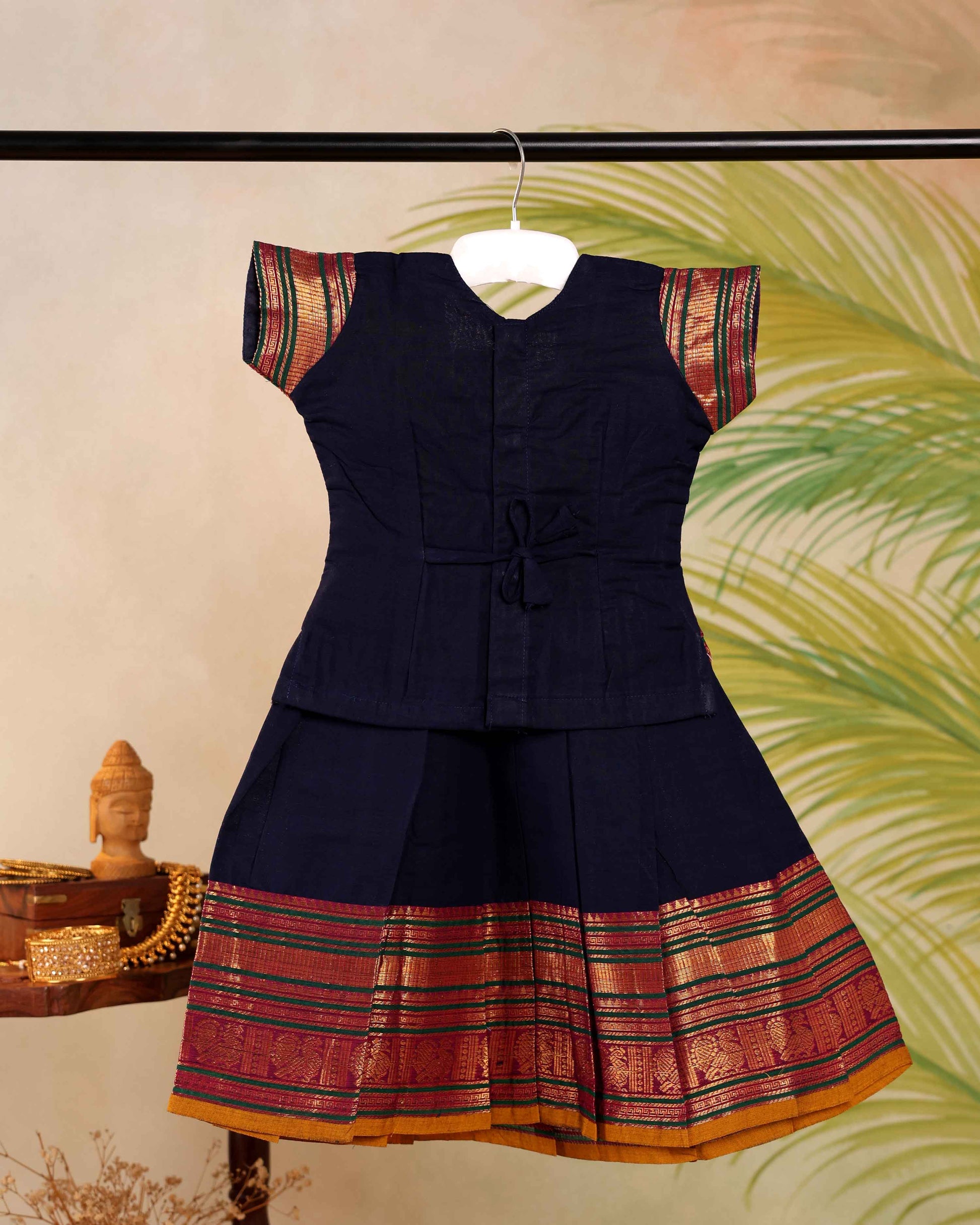 Classic Kids Pattu Pavadai Readymade a Traditional Ethnic Gown with Zari Border and Puff Sleeves, Navy Blue