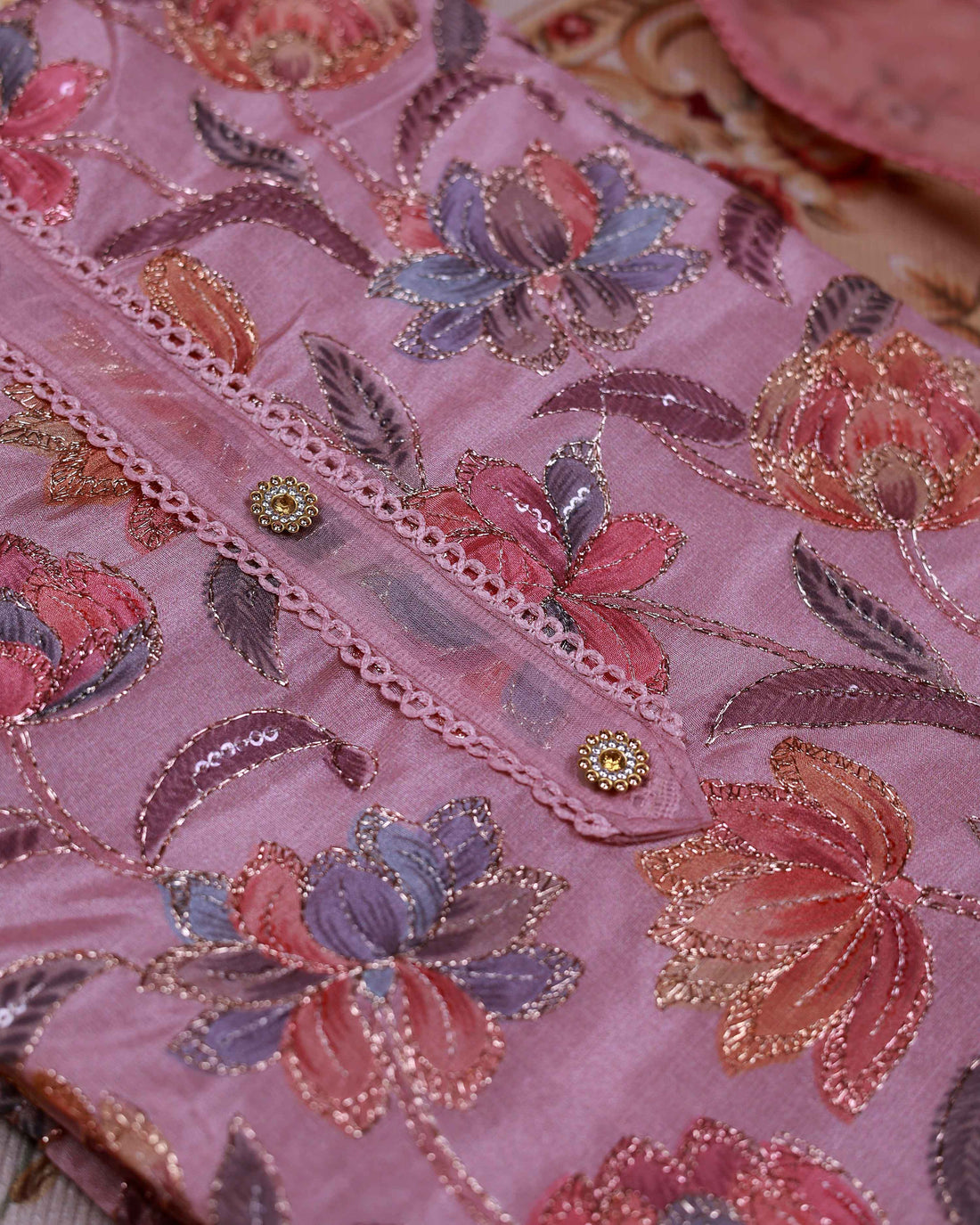 Women's Floral Embroidered Salwar Suit Material with Beaded Neckline and Net Dupatta - Pink