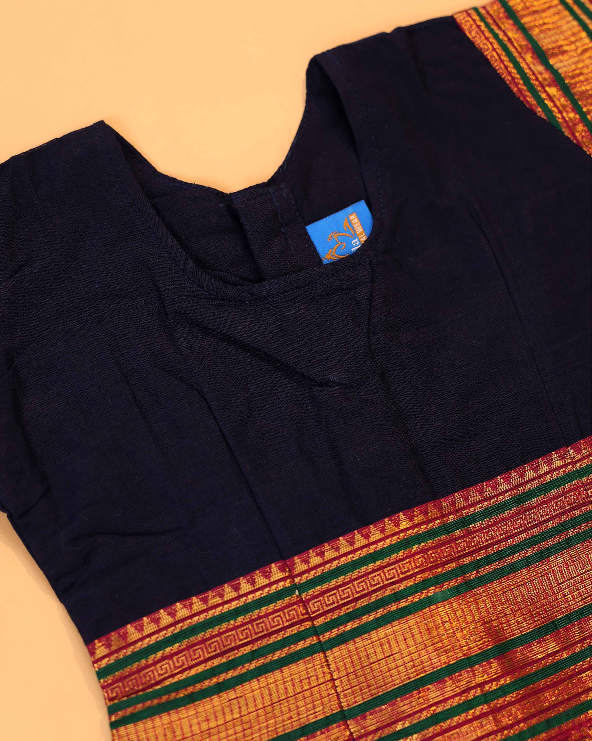 Classic Kids Pattu Pavadai Readymade a Traditional Ethnic Gown with Zari Border and Puff Sleeves, Navy Blue