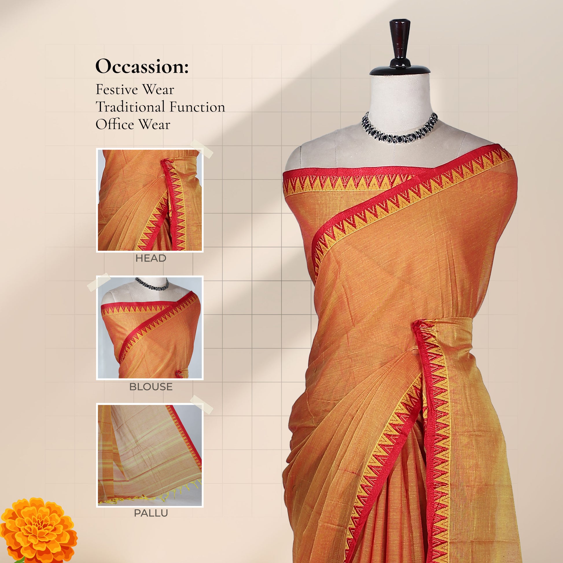 Orange Mangalagiri Cotton Saree With Red Temple Border And Striped Pallu Detail