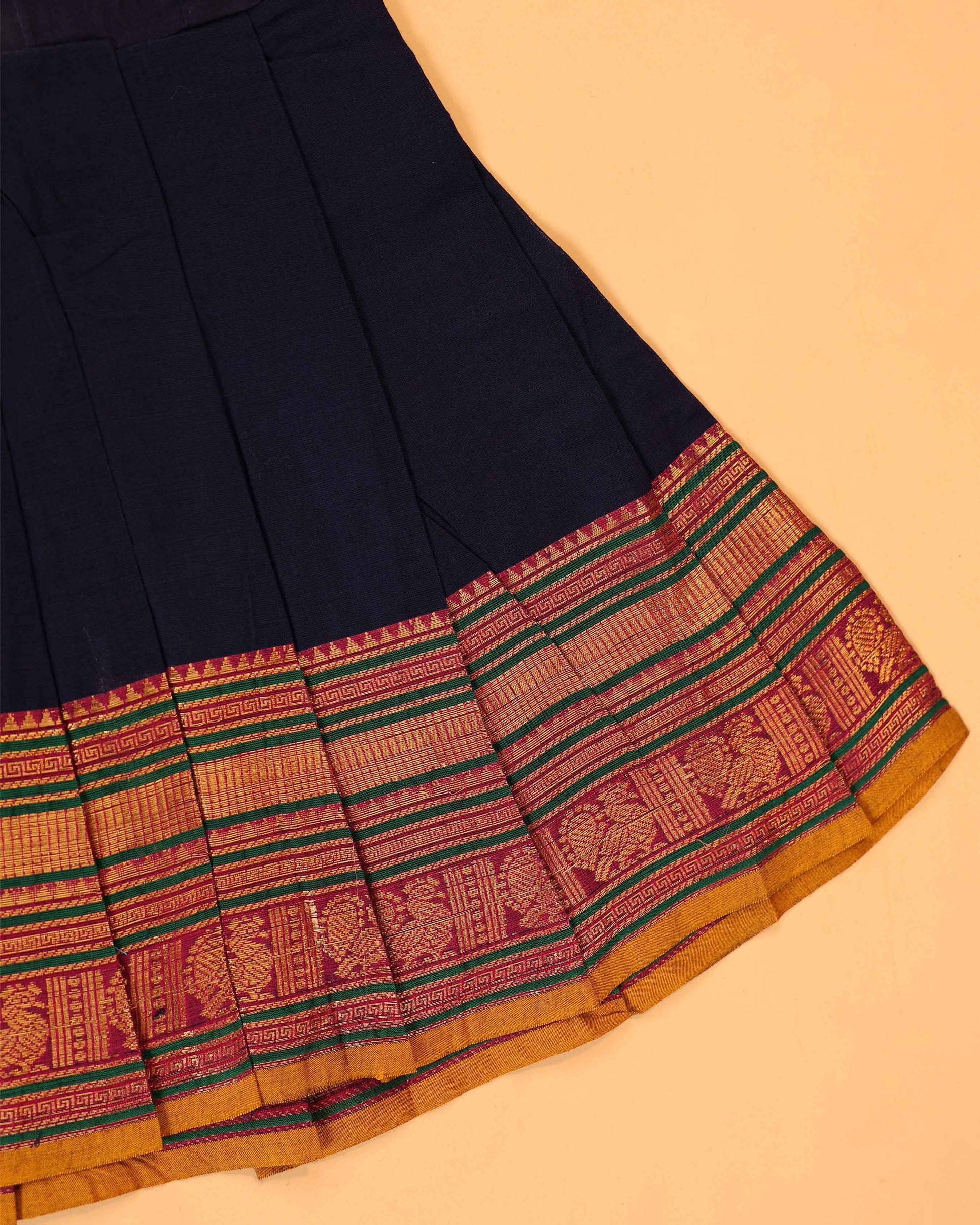 Classic Kids Pattu Pavadai Readymade a Traditional Ethnic Gown with Zari Border and Puff Sleeves, Navy Blue