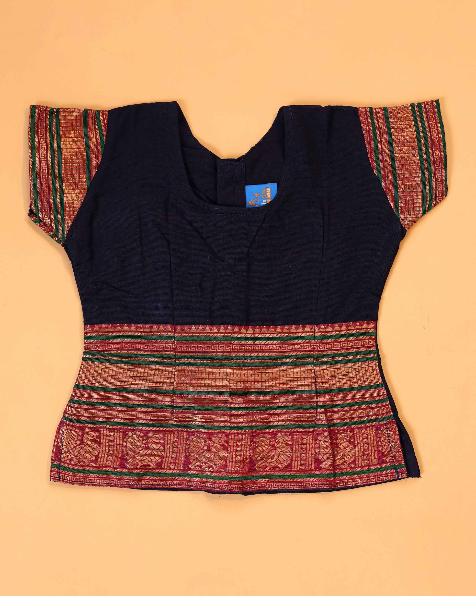 Classic Kids Pattu Pavadai Readymade a Traditional Ethnic Gown with Zari Border and Puff Sleeves, Navy Blue