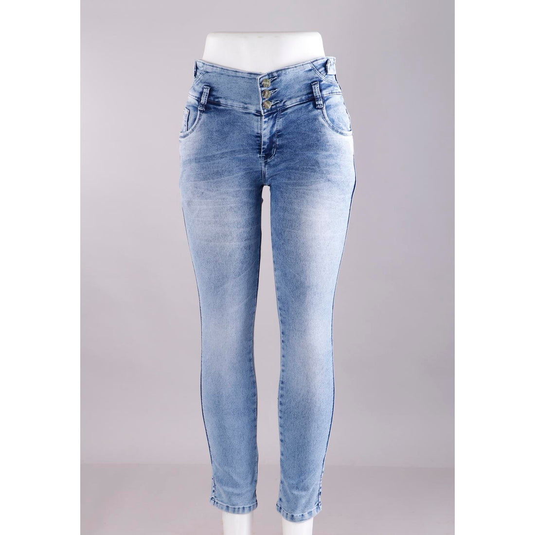 Women Blue Pencil Cut  Button Jeans
