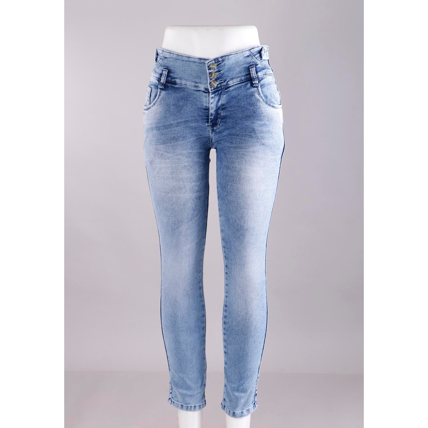 Women Blue Pencil Cut  Button Jeans
