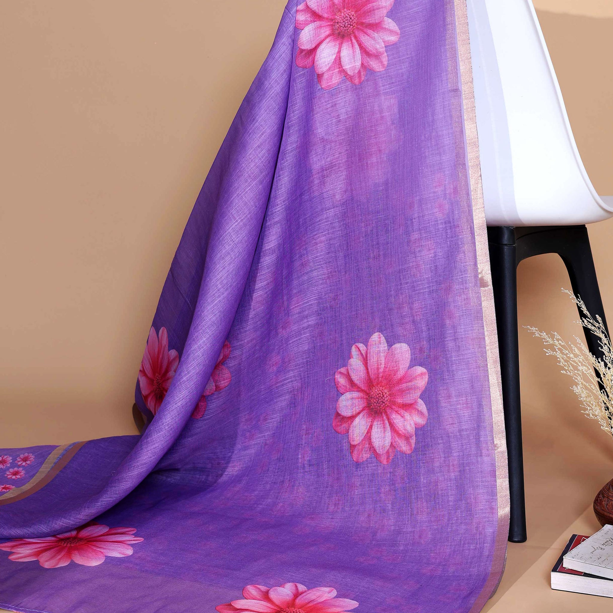 Ethnic Purple Linen saree with Multi-color Paisley and Floral Design
