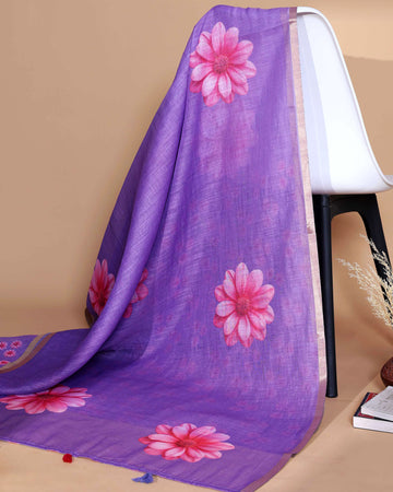 Ethnic Purple Linen saree with Multi-color Paisley and Floral Design