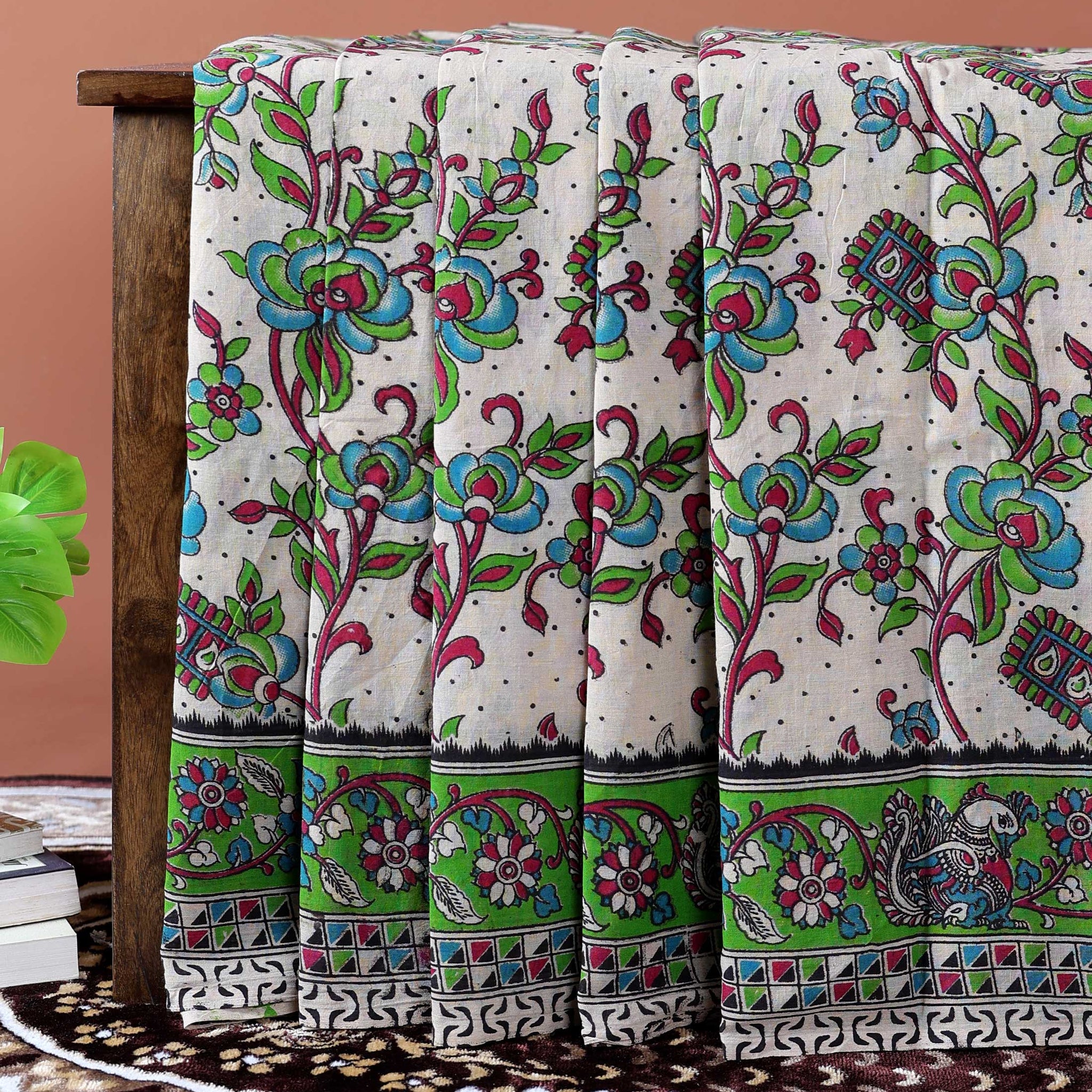 Traditional Handcrafted Kalamkari Cotton Saree with Traditional Floral & Peacock Motifs - Sandal