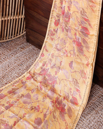 Elegant Georgette Saree with Abstract Floral Print and Delicate Embellished Border - Yellow