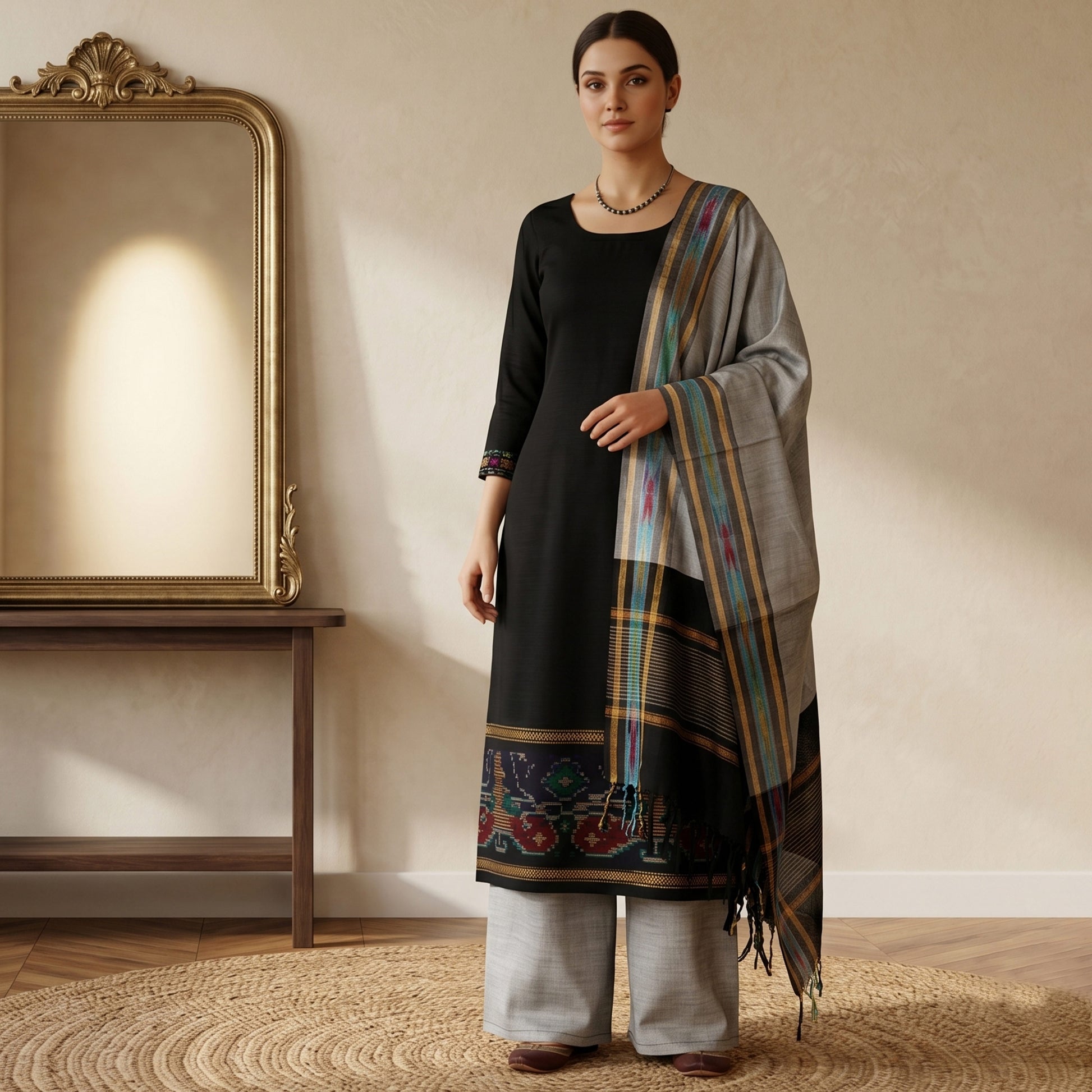 Navy Blue Salwar Material Set With Grey Pants Fabric And Colorful Ikat Dupatta Full Length Front View
