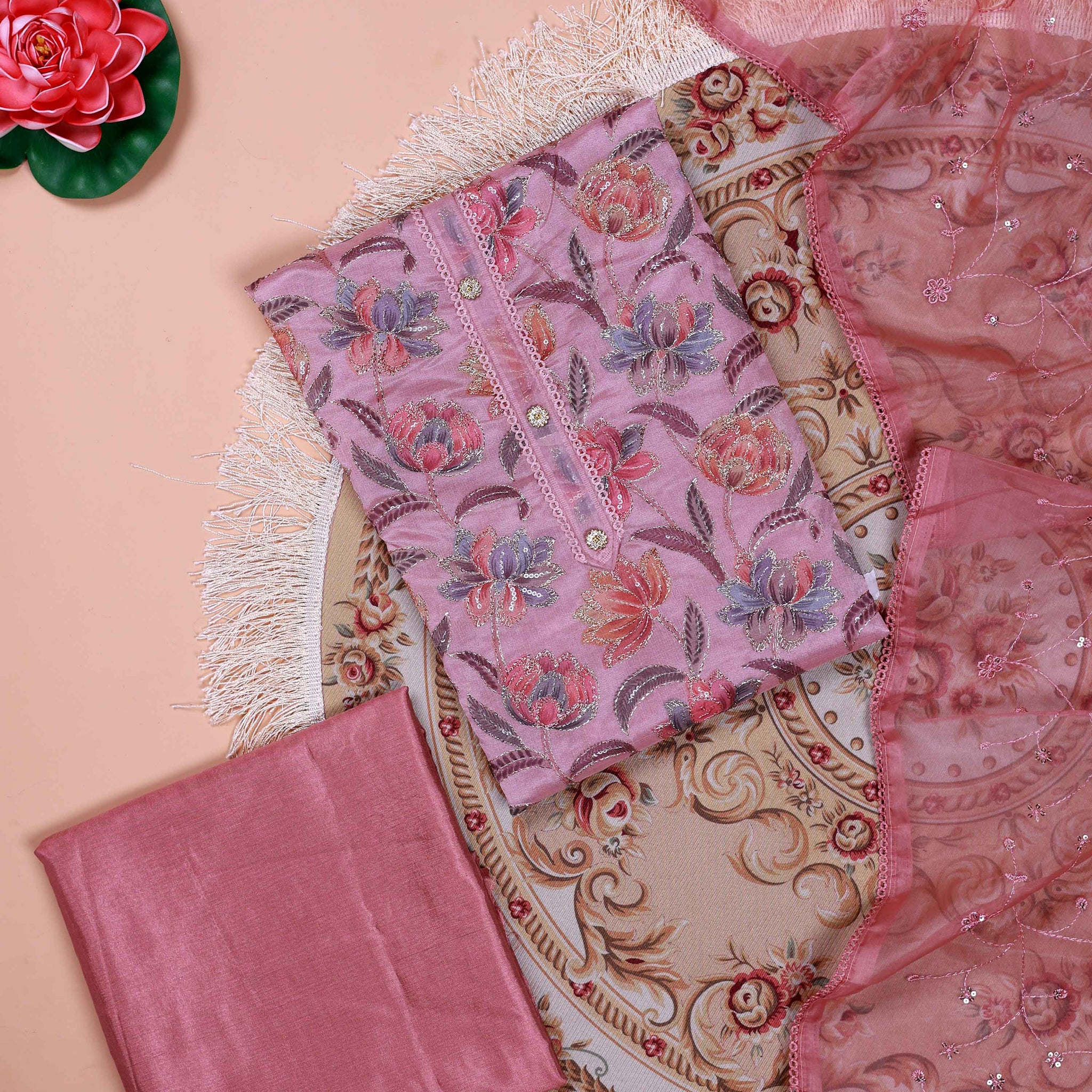 Women's Floral Embroidered Salwar Suit Material with Beaded Neckline and Net Dupatta - Pink
