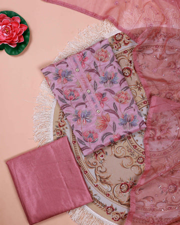Women's Floral Embroidered Salwar Suit Material with Beaded Neckline and Net Dupatta - Pink