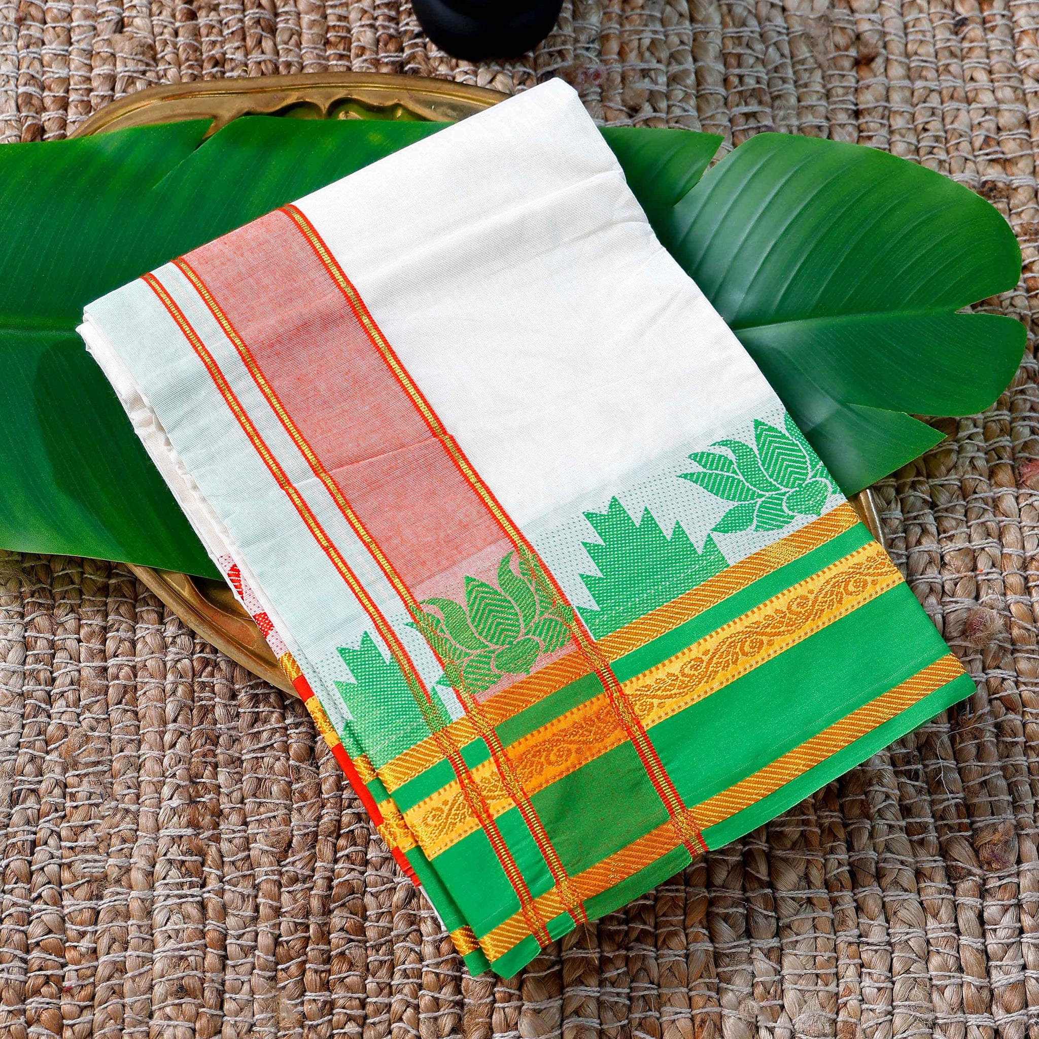 Men’s Cotton Dhoti with Multi Colour Border - White