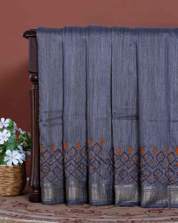 Elegant Kantha Hand Embroidered Saree with Intricate Floral Motif and Contrast Border - Grey