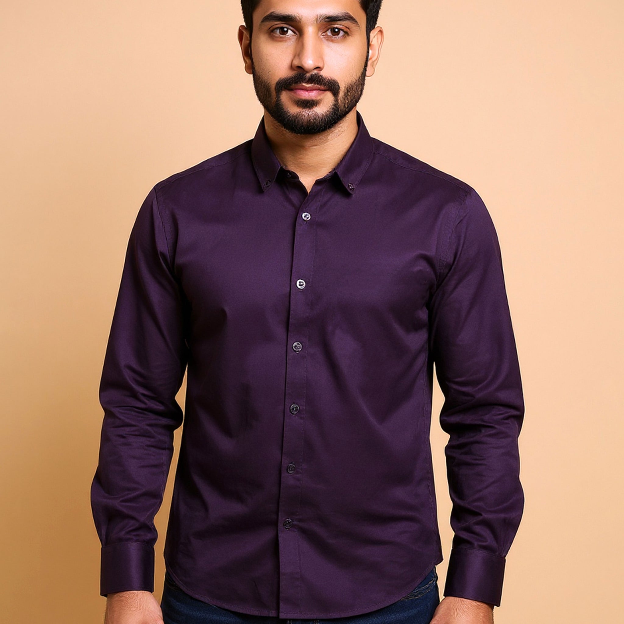 Men's Nativebull Solid Slim Fit Casual Shirt with Spread Collar and Full Sleeves - Purple