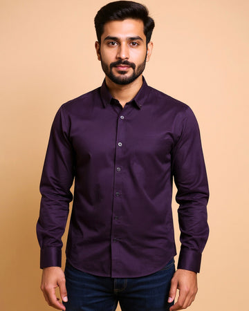 Men's Nativebull Solid Slim Fit Casual Shirt with Spread Collar and Full Sleeves - Purple