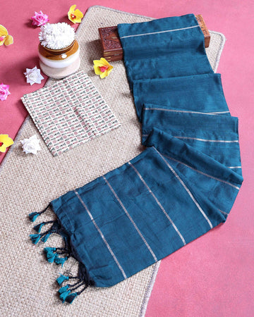 Traditional Handloom Khadi Cotton Saree with Woven Stripe Border and Contrast Printed Blouse Piece - Teal