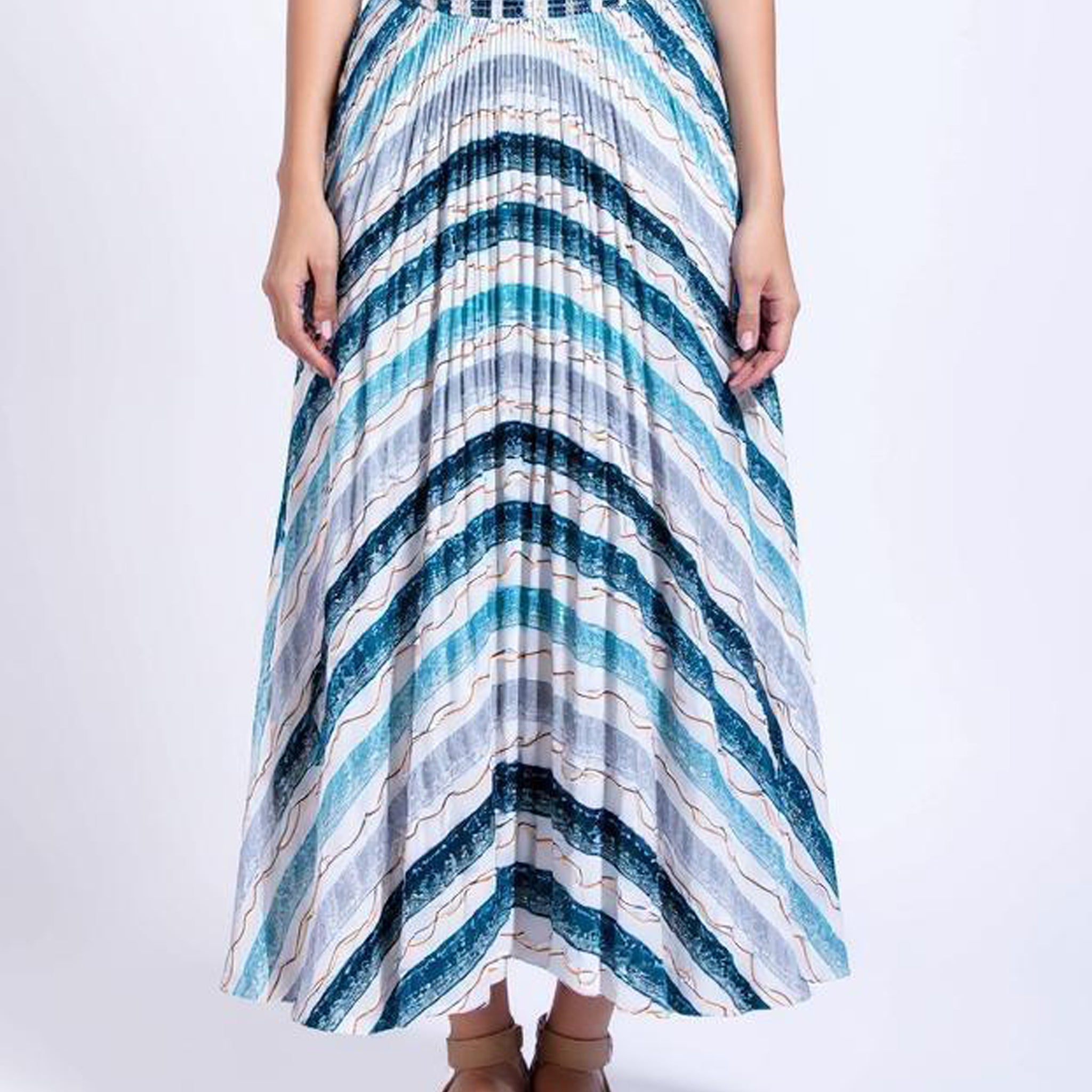 Chevron Print Pleated Midi Skirt - Multi