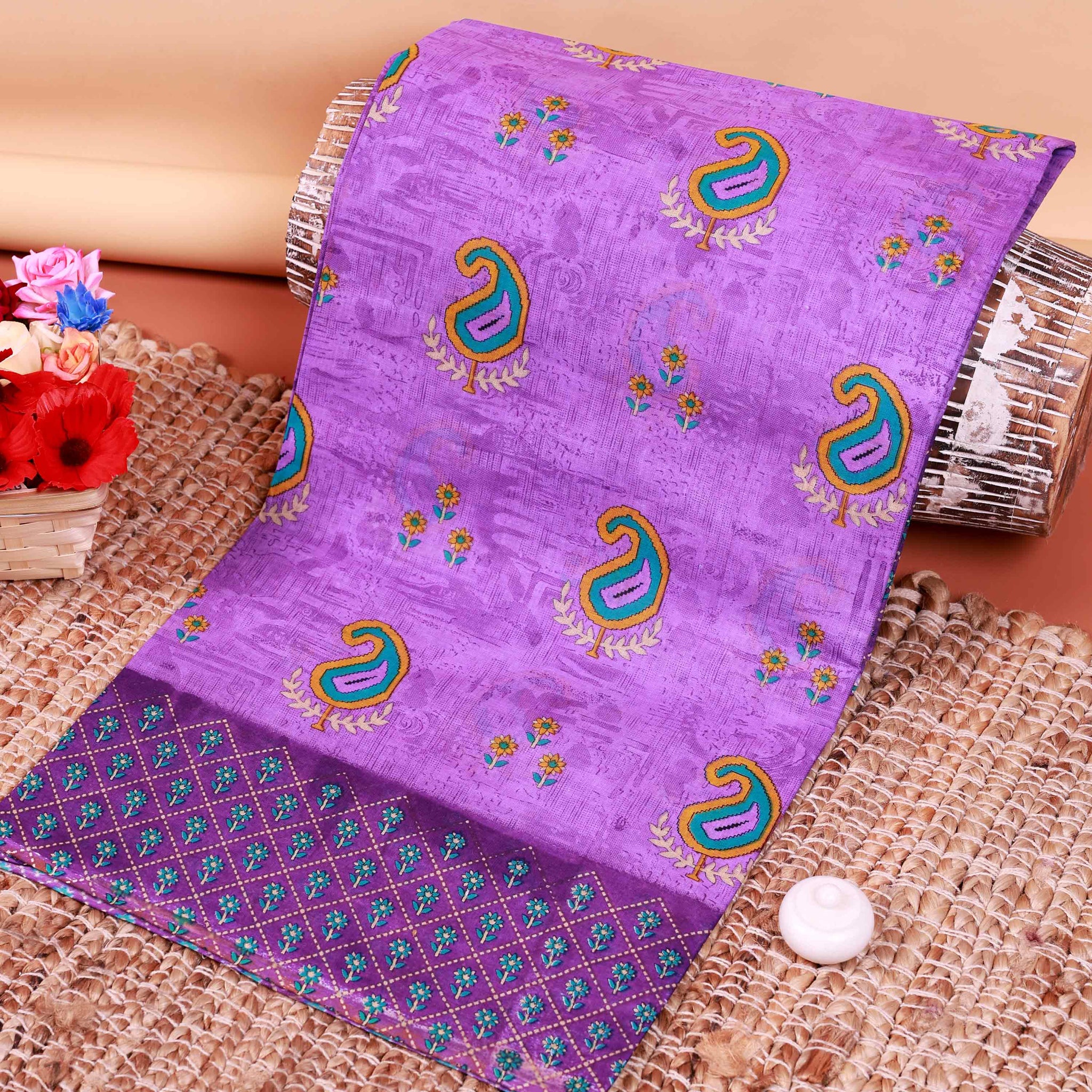 All-Over Floral Printed Voile Saree with Intricate Contrast Border – Violet