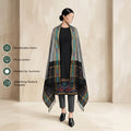 Navy Blue Salwar Suit Material With Grey Bottom Fabric And Colorful Ikat Dupatta - Front View