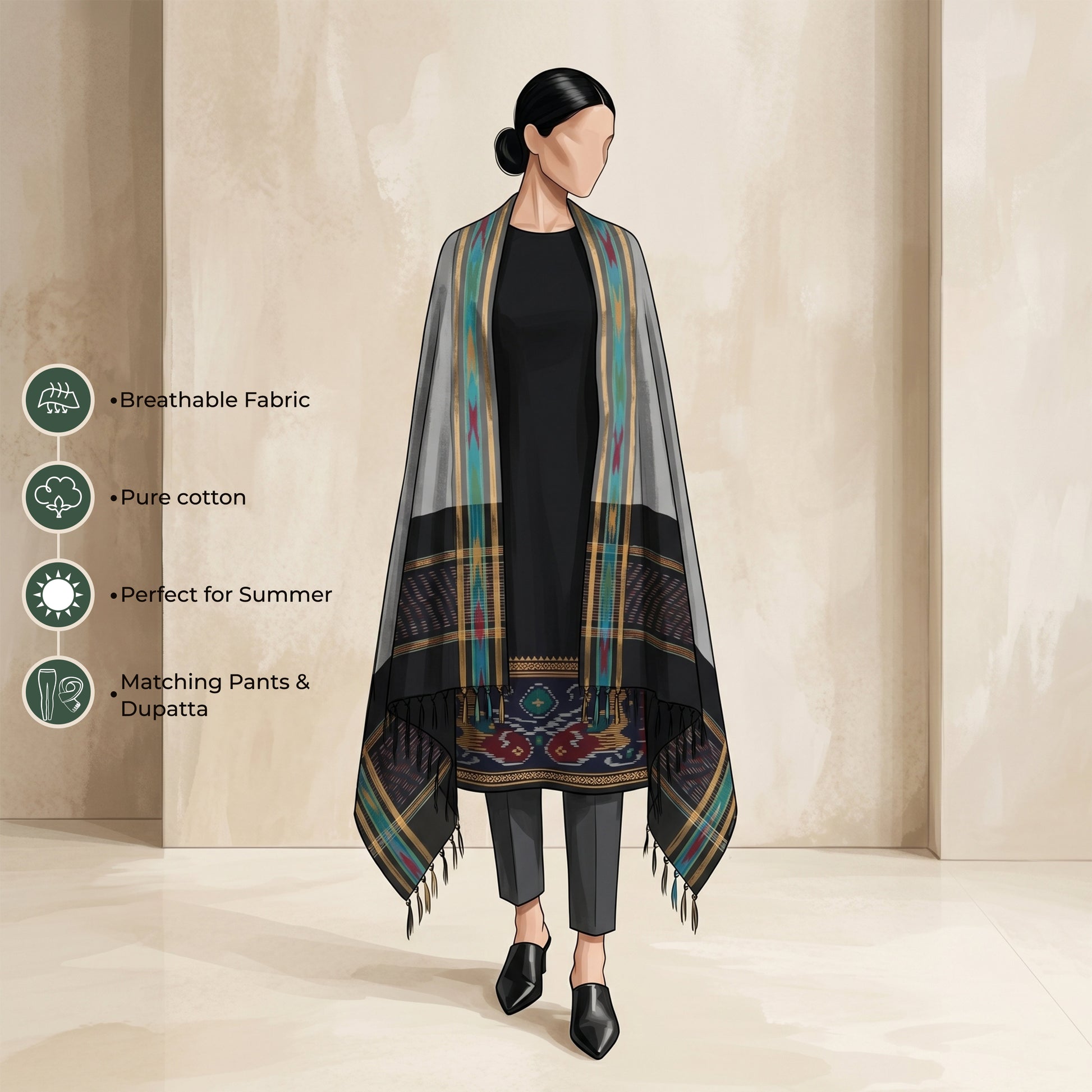 Navy Blue Salwar Suit Material With Grey Bottom Fabric And Colorful Ikat Dupatta - Front View