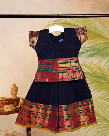Classic Kids Pattu Pavadai Readymade a Traditional Ethnic Gown with Zari Border and Puff Sleeves, Navy Blue