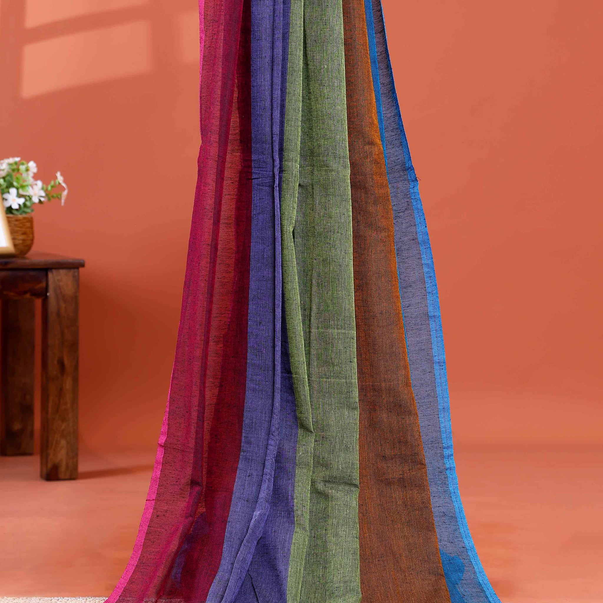 Handwoven Mul Mul Cotton Saree with Bold Striped Pattern and Tassel Detailing - Multi