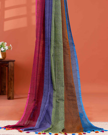 Handwoven Mul Mul Cotton Saree with Bold Striped Pattern and Tassel Detailing - Multi