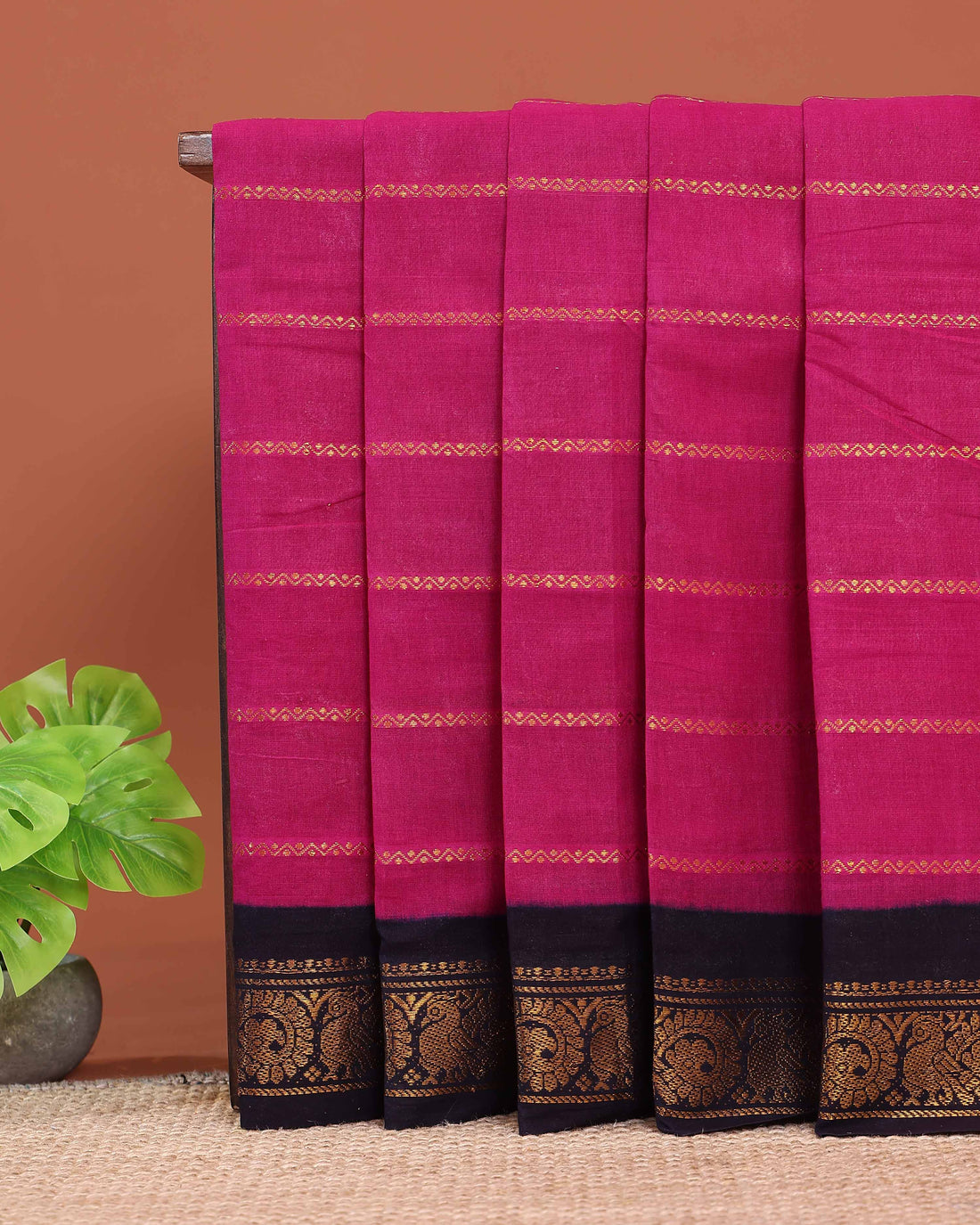 Elegant Sungudi Cotton Saree with Striped Body and Rich Zari Border - Magenta