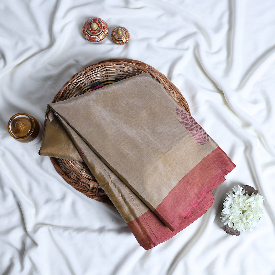 Brown Banana Pith Semi Silk Saree for Women | Wedding & Festive occasion | Jeyachandran - Full View