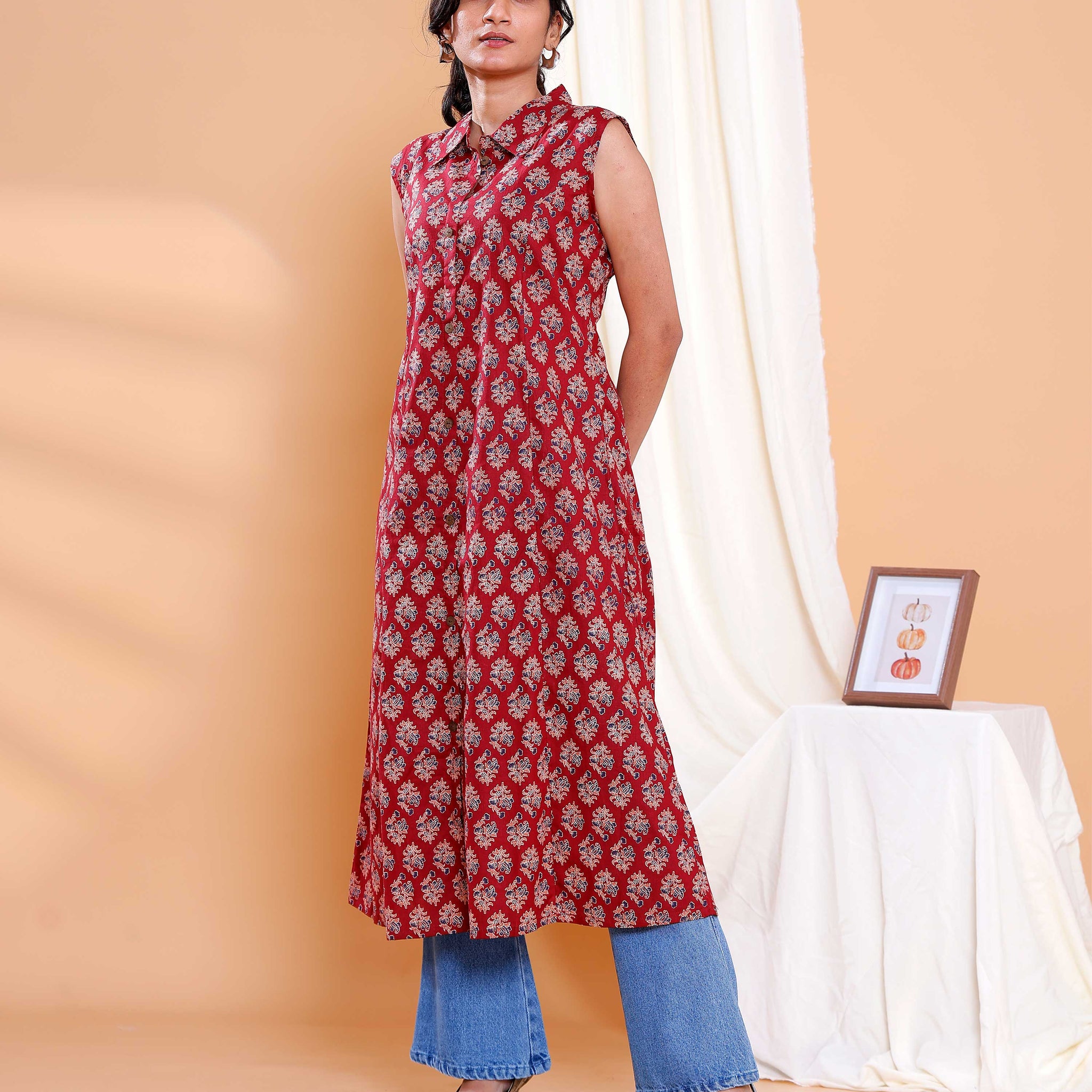 Red Floral Printed A-Line Kurta with Round Neck and Button Detailing