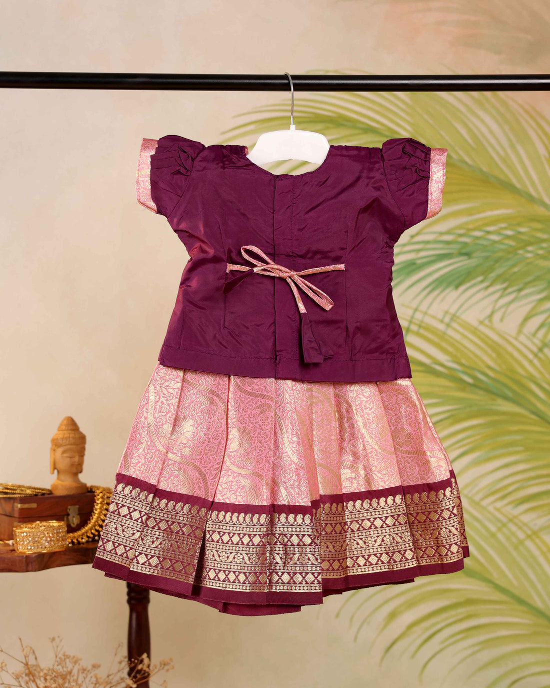 Classic Kids Pattu Pavadai Readymade a Traditional Ethnic Gown with Zari Border & Puff Sleeves  - Burgundy