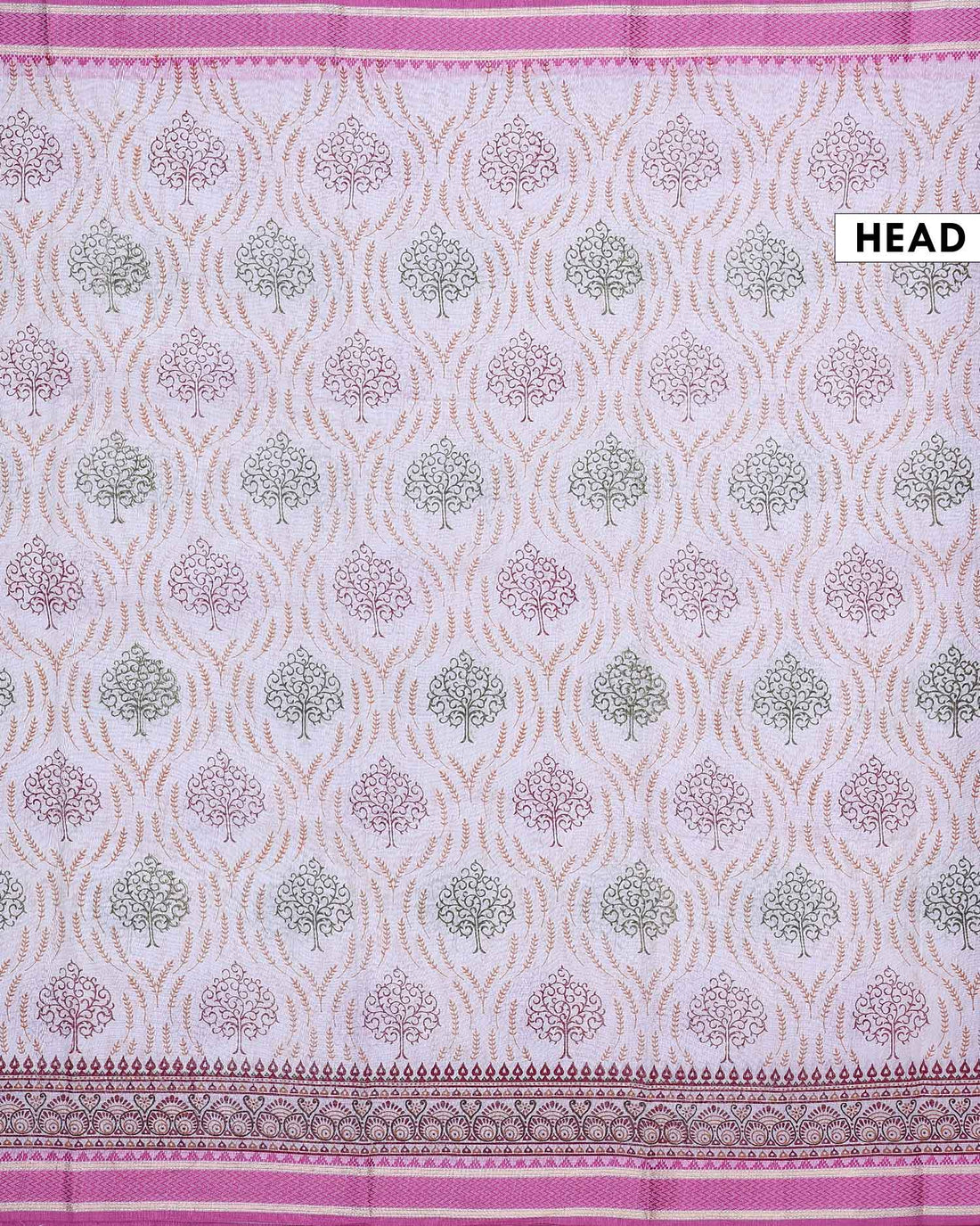 Elegant Linen Cotton Saree with Allover Traditional Tree Buta Motifs and Intricately Woven Ethnic Border - Cream