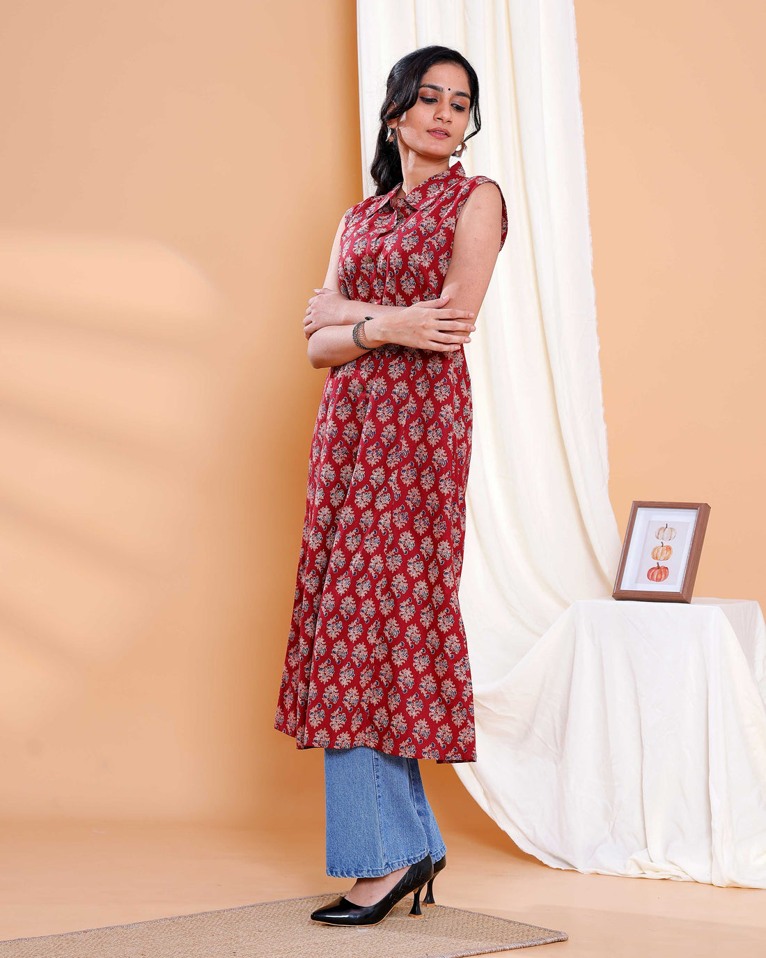 Red Floral Printed A-Line Kurta with Round Neck and Button Detailing