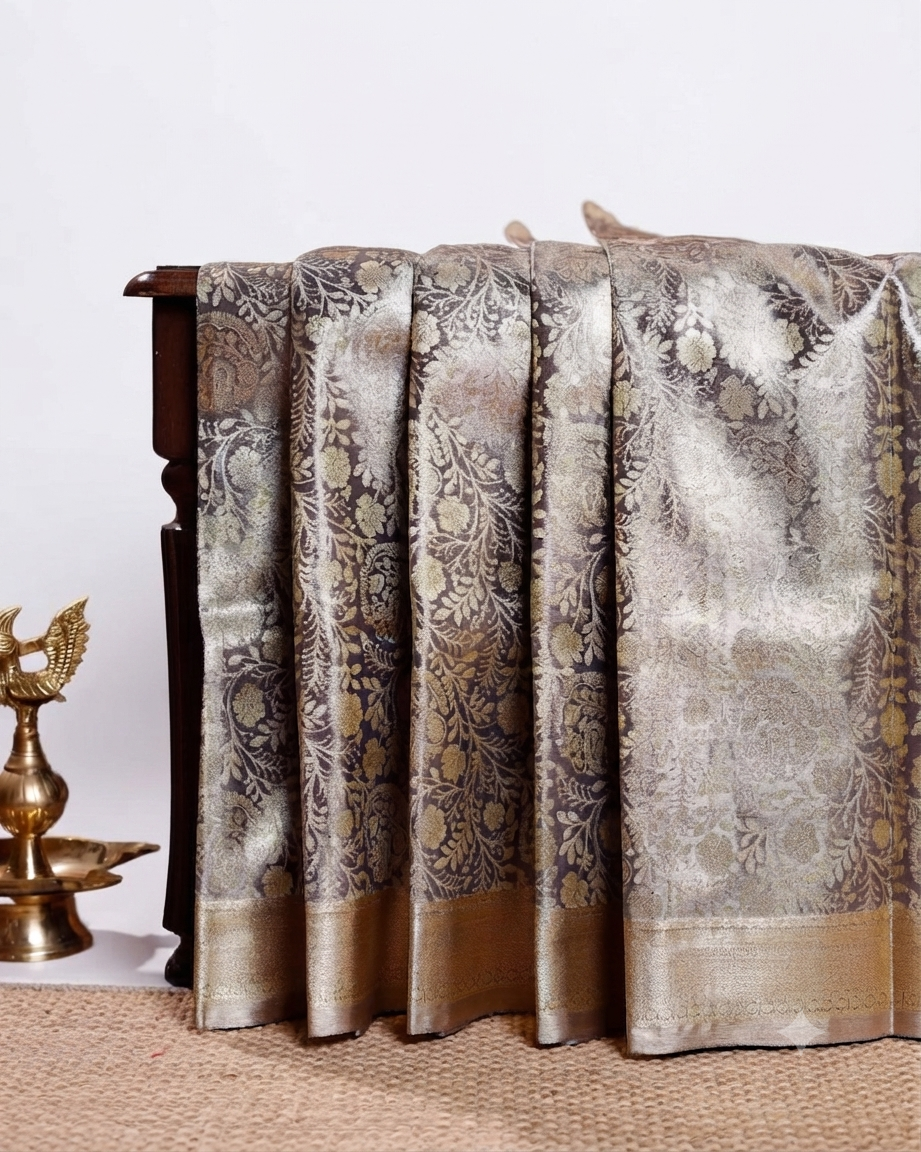 Elegant Niranjana Silk Saree with All-Over Zari Woven Floral Design and Rich Border - Brown