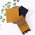 Cotton Salwar Material In Mustard With Striped Pattern Black Contrast Dupatta Flat Lay View