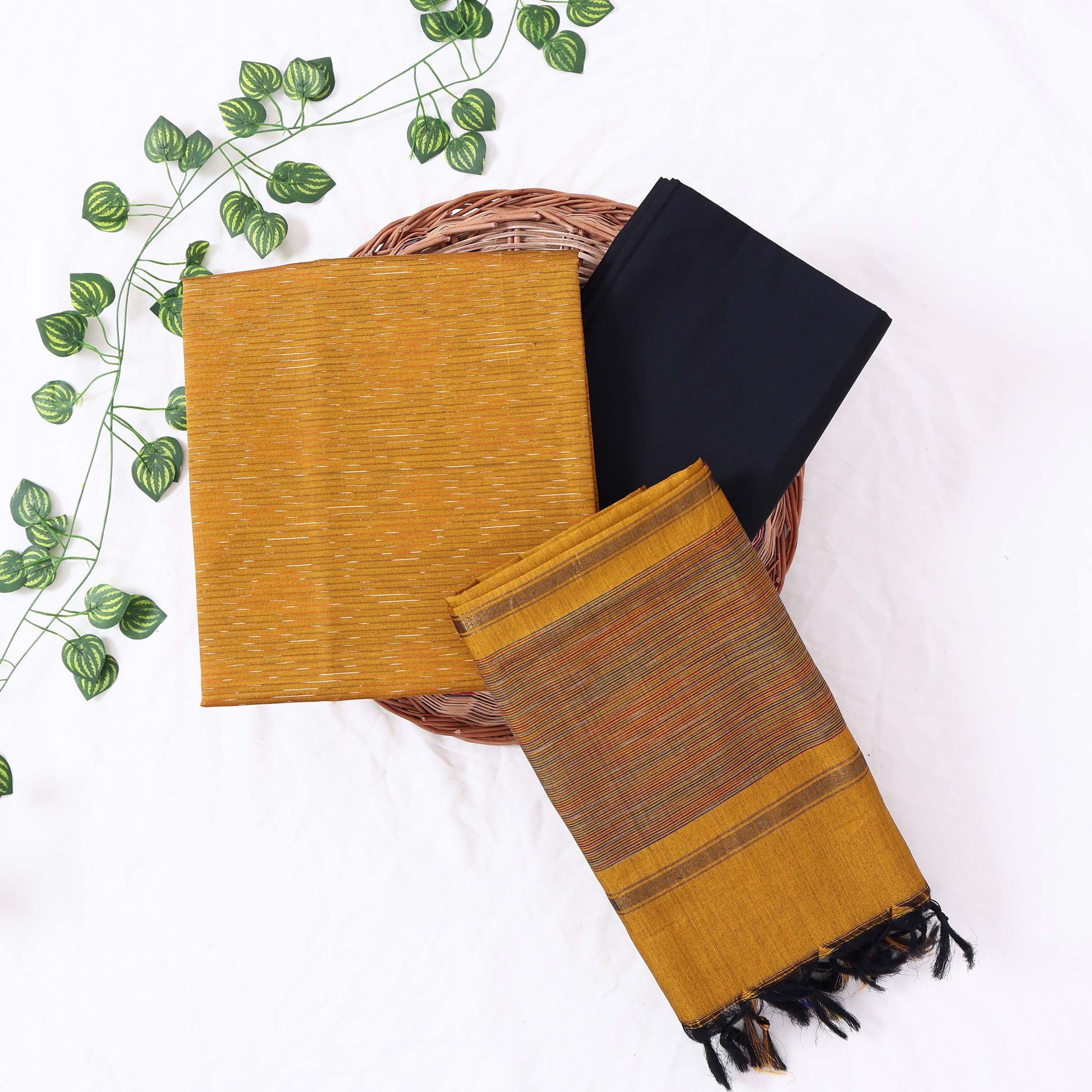 Cotton Salwar Material In Mustard With Striped Pattern Black Contrast Dupatta Flat Lay View