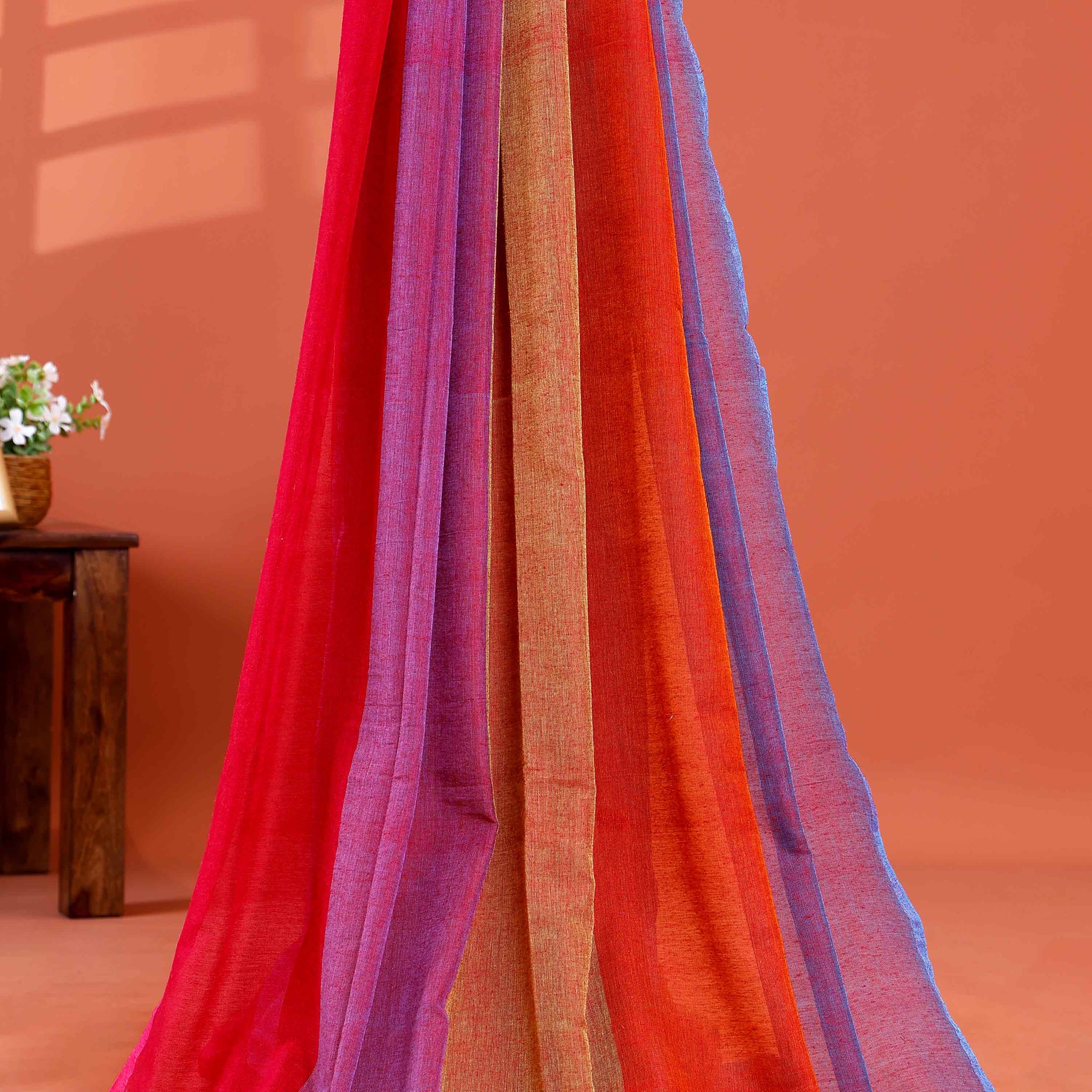 Handwoven Mul Mul Cotton Saree with Bold Striped Pattern and Tassel Detailing - Multi