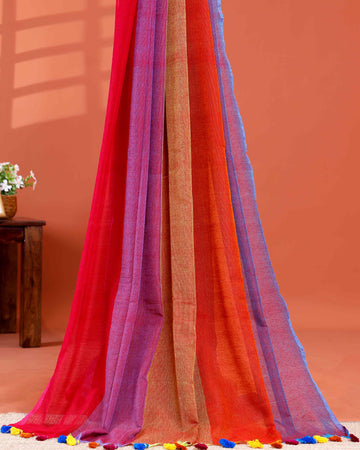 Handwoven Mul Mul Cotton Saree with Bold Striped Pattern and Tassel Detailing - Multi