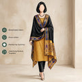 Mustard Cotton Salwar Material With Black Contrast Dupatta Striped Border And Tassel Detail Illustrated Front View
