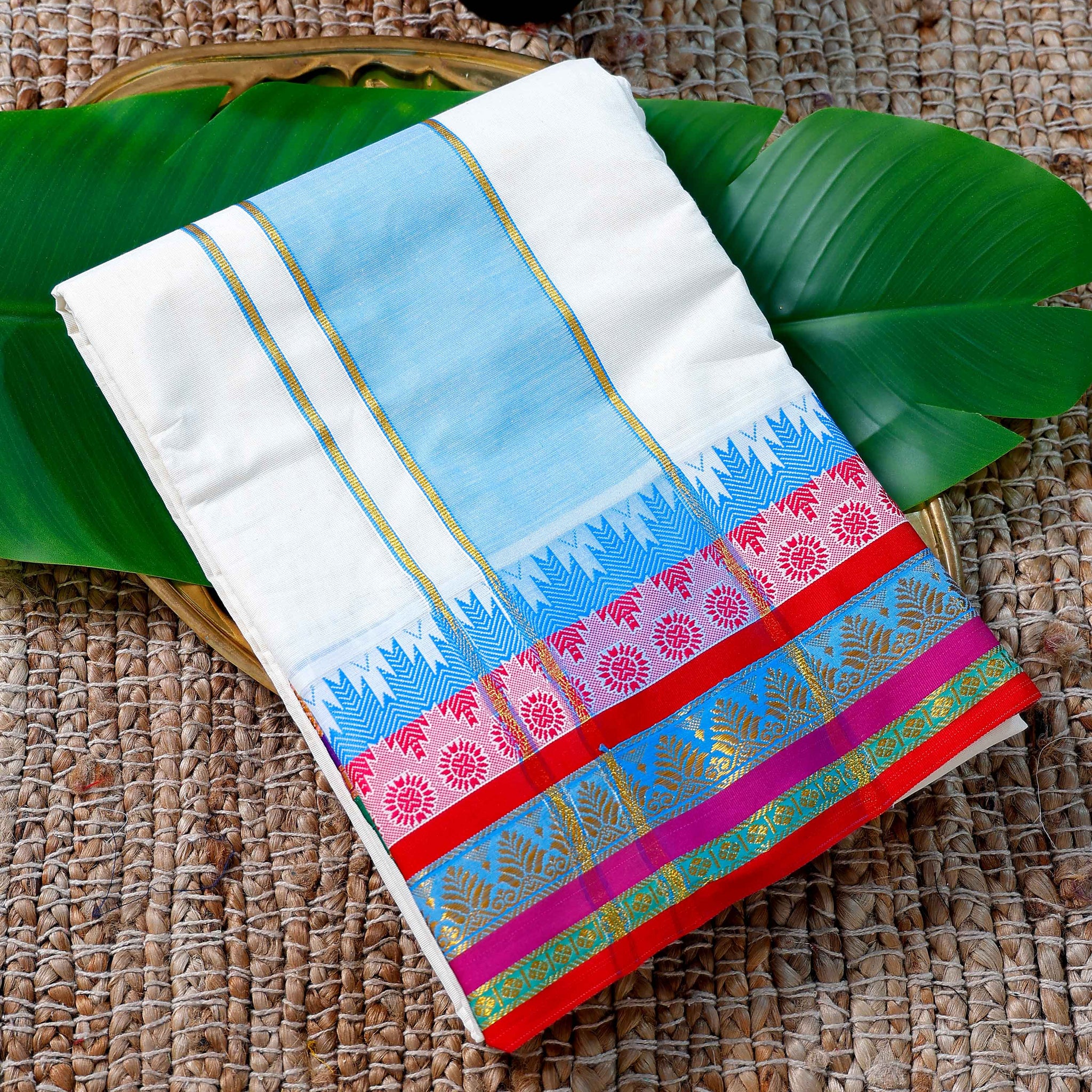 Men’s Cotton Dhoti with Multi Colour Border - White